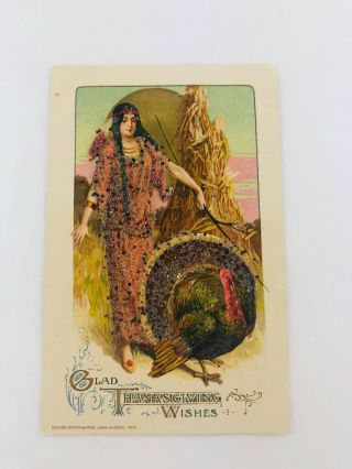 Vintage Thanksgiving Postcard Native American Woman Turkey Glitter Germany 1912