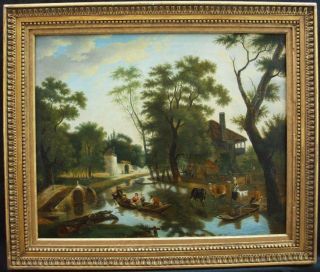 Large Fine 18th Century Flemish School Busy River Landscape Antique Oil Painting
