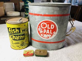 Vintage Old Pal Galvanized Fishing Bait Bucket,  Fish Charm Can Lure Split Shots