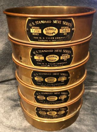 Set Of 5 Vintage 8 " Dual Mfg.  U.  S.  Standard Series Brass Sieves And Bottom