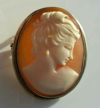 Vintage Sterling Silver Carved Cameo Brooch / Pendant Right Facing Lady O7