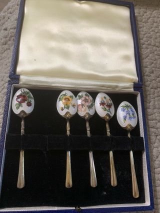 5 English Sterling Silver& Guilloche Enamel Floral Demitasse Spoons