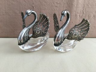 Vintage 2 Swan Sterling Silver & Glass Salt Cellars Dishes Wings Move