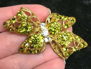 Vintage Green Rhinestone Bow Brooch Pin Gold Tone Estate Jewelry