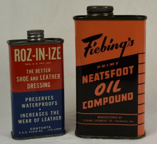 Vintage Mid Century Fiebing’s Neatsfoot Oil Can & Roz - In - Ize Leather Care Can