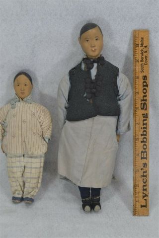 Chinese Dolls Carved Wood Antique 1920s Pair Man Woman Door Of Hope