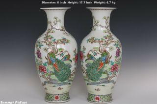Fine Pair Chinese Famille Rose Porcelain Flower And Peacock Vases