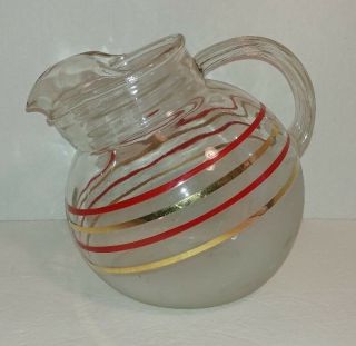 Clear With Red & Gold Stripes Round Tilt Ball Glass Pitcher Art Deco 1950 