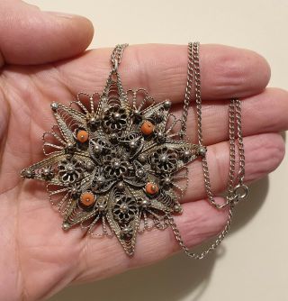 Vintage Unusual Very Large Filigree Solid Silver & Coral Flower Pendant Necklace