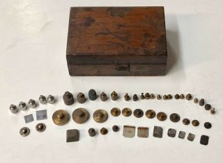 Vintage 60,  Piece Brass Metal Calibration Miscellaneous Gram Weights Wood Box