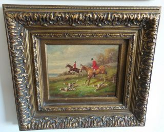 Vintage Oil Painting Framed And Signed Hunting Scene Two Horses