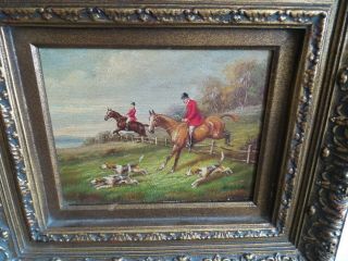 VINTAGE OIL PAINTING FRAMED AND SIGNED HUNTING SCENE TWO HORSES 2
