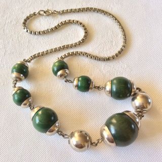 Vintage Jakob Bengel Art Deco 1930’s Machine Age Green & Chrome Bead Necklace 2
