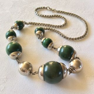 Vintage Jakob Bengel Art Deco 1930’s Machine Age Green & Chrome Bead Necklace 3