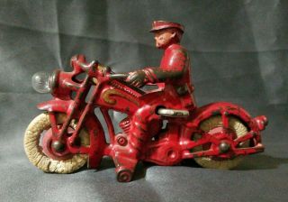 Antique Hubley Cast Iron Red Motorcycle W/ Driver & Light Bulb Head Light Toy