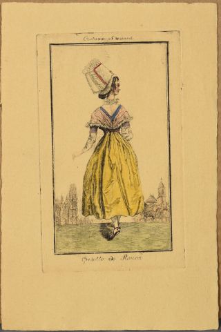 Antique Early 19th C.  Hand Colored Engraving Normandy Costume Grisette De Rouen