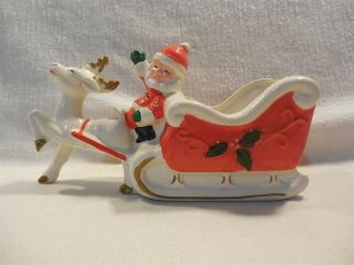 Vintage Japan Christmas Ceramic Santa Sleigh With Reindeer Planter