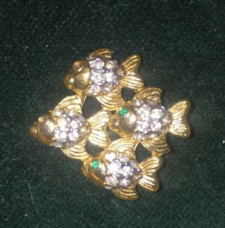 Vintage Attwood And Sawyer (a&s) Goldplate & Crystal Shoal Of Fish Brooch.