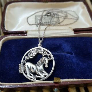Vintage 925 Solid Silver Necklace,  Unicorn Pendant,  Art Nouveau Design,  18 " Chain
