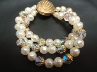 Vintage 3 Strand Aurora Borealis Crystal & White Faux Pearl Beaded Bracelet