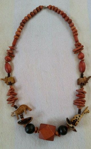 Vintage African Safari Wooden Bead Necklace Carved Jungle Animals