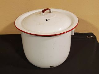 Vintage White W/red Trim Enamel Chamber Pot Lid & Bail Handle Enamelware