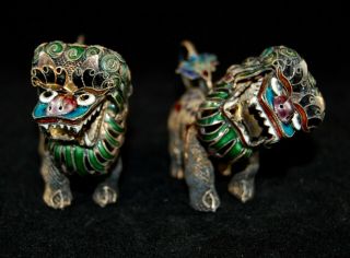 Antique Chinese Lions Foo Dogs 940 Silver Filigree Vermeil Cloisonne Pair Wow