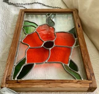 Vtg Stained Glass Leaded Panel Poppy Flower wood Framed frame antique window 3