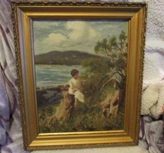 Antique Oil Painting On Canvas Seaside With Young Girl Sitting On Hill 11 " X 14 "