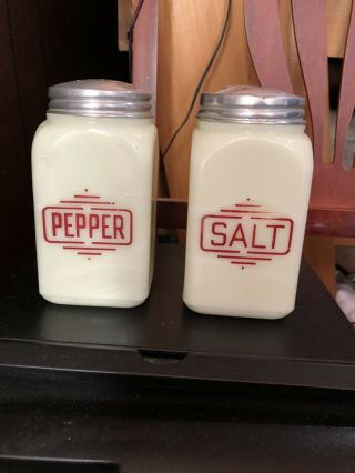 Vintage Milk Glass Salt & Pepper Green Tint