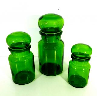Vintage Emerald Green Glass Apothecary Jars Belgian Bubble Top Set Of 3 Belgium