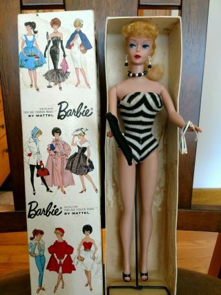 Vintage Barbie Doll Blonde Ponytail 5 With Nipples Orig Box & Stand