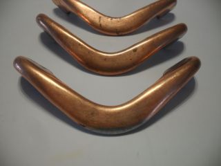 3 Vintage COPPER DRAWER PULLS Youngstown Metal Cabinet Boomerang Plated Handles 2