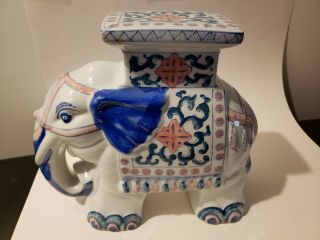 Vintage Large 11 " Blue,  White And Pink Ceramic Asian Elephant Plant Stand