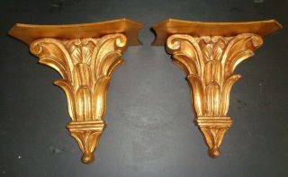 Vintage Pair Gold Gilt Carved Wood Hollywood Regency Wall Shelves Sconces Italy
