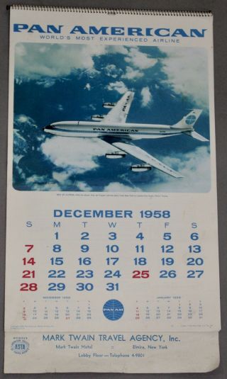 Vintage Pan American Airline Calendar 1959 - Mark Twain Travel Agency Elmira N.  Y.
