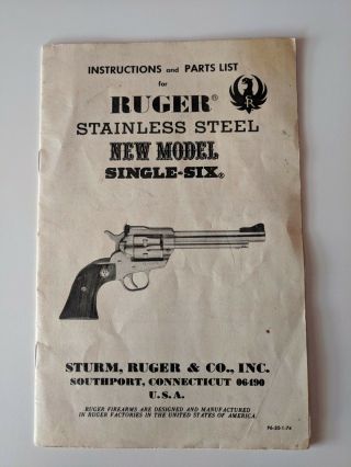 1974 Ruger Single - Six Instructions And Parts List Paperwork - Firearms Gun