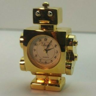 Vintage Miniature Gold Metal Clock Quartz Xanadu Robot Clock 1.  75 " Tall Open Box