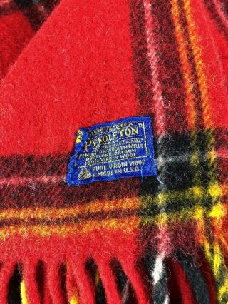 Vintage Pendleton Wool Throw Red Plaid Fringe Picnic Blanket Bedding Made in USA 3