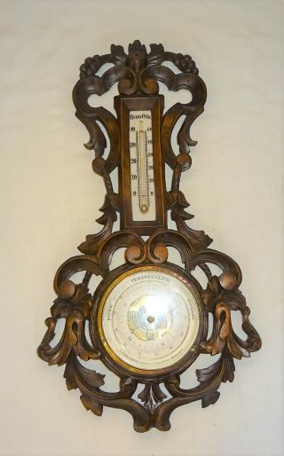 Antique Black Forest Veranderlich Barometer / Thermometer 21 " L Carving