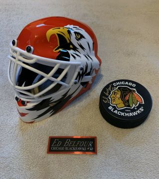 Autographed Signed Ed Belfour Hockey Puck Goalie Mask Helmet Chicago Blackhawks