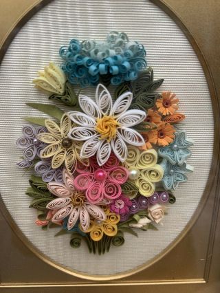 Vintage Paper Quill Art Framed Flowers 1979 Hand Crafted Gorgeous