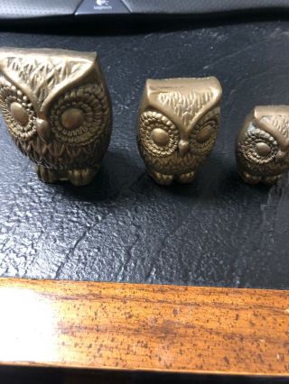 3 Vintage Brass Owl Bird Paperweight Figurines With Patina