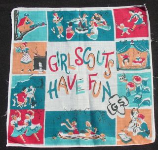 Vintage Bright Girl Scouts Have Fun Hanky Handkerchief Cotton Camp Canoe Floral