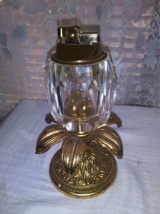 Vintage Clear Glass With Brass (heavy) Table Cigarette Lighter (with Palm Leaves)