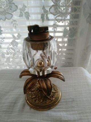 VINTAGE CLEAR GLASS WITH BRASS (HEAVY) TABLE CIGARETTE LIGHTER (WITH PALM LEAVES) 2