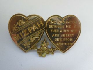 Mizpah Gold Front Love Token Hearts Sweetheart Lords Prayer Vintage Brooch Pin