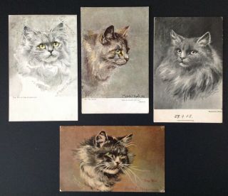 Vintage Cat Postcards (4) Artist Signed Muriel Hunt - Cat Portraits