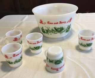 Vintage Hazel Atlas Tom And Jerry Punch Bowl Set With 5 Handled Cups Mugs