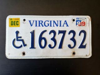 Gr8 1999 Handicap Virginia License Plate Tag Number 163732 Vintage Va